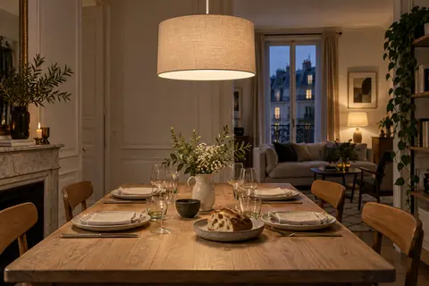 Suspension centrée sur une table de repas avec salon plus doucement éclairé en arrière-plan