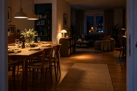Illustration d’une table éclairée et d’une lampe douce entre la table et le canapé