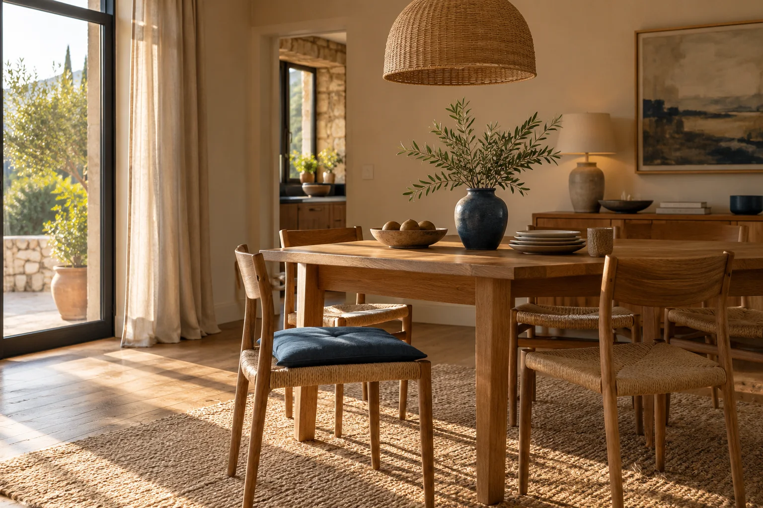 Salle à manger aux meubles en chêne et murs clairs, avec un coussin bleu, un vase bleu et un tableau aux tons bleus