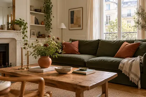 Salon aux murs crème et meubles en chêne, avec canapé olive et touches terre cuite