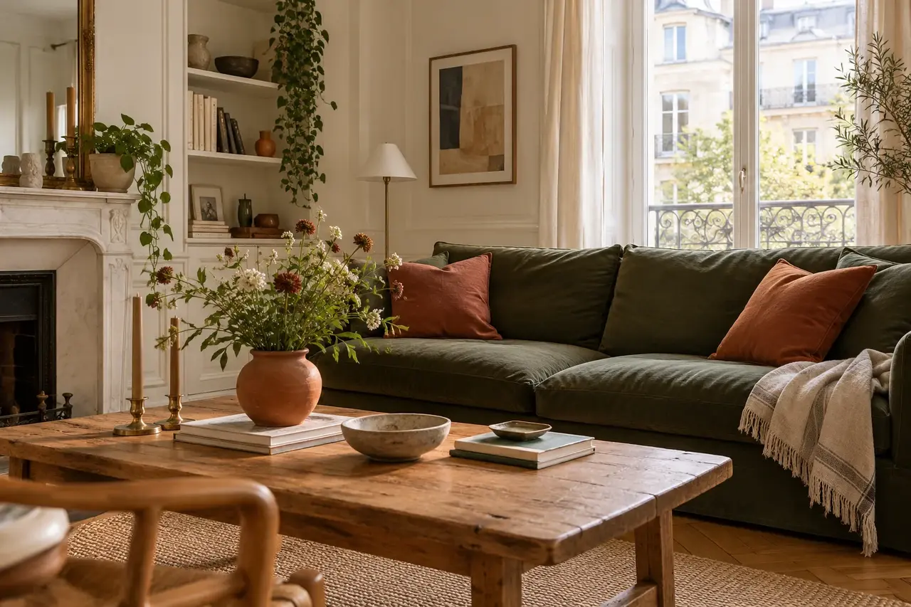 Salon aux murs crème et meubles en chêne, avec canapé olive et touches terre cuite