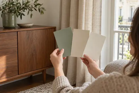 Échantillons de couleur comparés près d’une fenêtre et d’un meuble en noyer