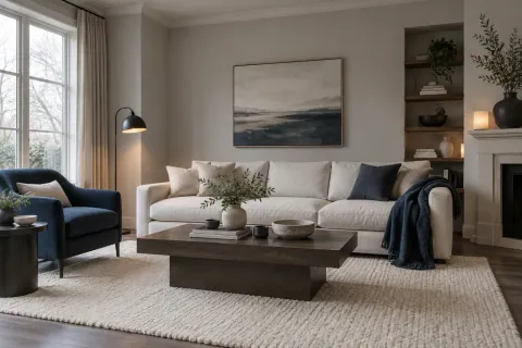 Salon moderne gris chaud avec canapé ivoire, fauteuil bleu encre et table sombre