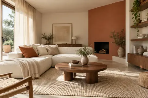 Salon moderne avec canapé écru, mur terre cuite et table basse en noyer