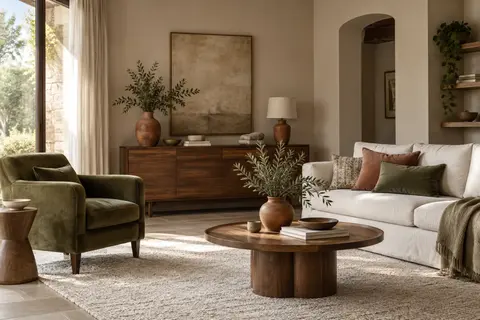 Salon moderne beige champignon avec fauteuil olive, meuble en châtaignier et canapé écru