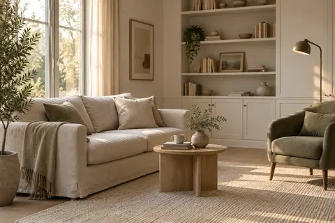 Salon moderne calme avec canapé en lin, fauteuil olive, bois clair et lampe de lecture