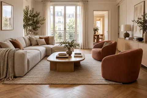 Salon moderne avec canapé crème, fauteuils terracotta et passage latéral dégagé