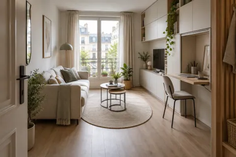 Petit salon moderne polyvalent avec canapé compact, bureau discret et passage dégagé