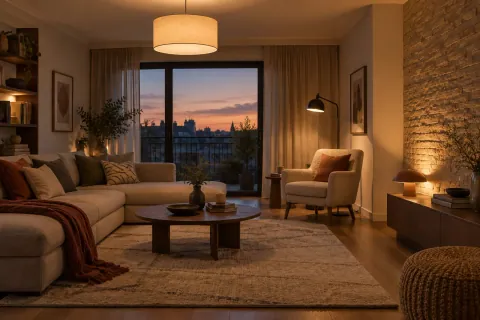 Salon moderne au crépuscule avec suspension centrale, lampe de lecture près du fauteuil et lumière basse sur un mur