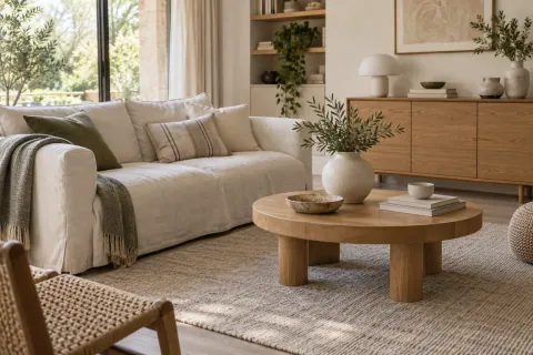 Salon moderne avec canapé écru déhoussable, tapis en laine courte, table en chêne et céramique mate