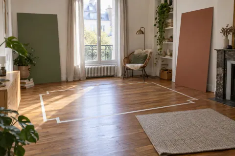 Salon moderne avec cartons de couleur appuyés contre les murs et ruban au sol dessinant l’emprise d’un canapé