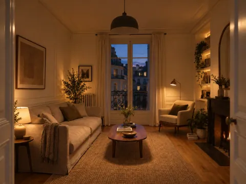 Même salon au crépuscule avec une lampe près du canapé, une liseuse près du fauteuil et une lumière indirecte près de la bibliothèque