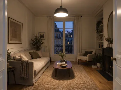 Même salon au crépuscule éclairé principalement par un plafonnier central