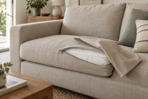 Housse de coussin de canapé en tissu beige partiellement ouverte, laissant voir la fermeture et la mousse