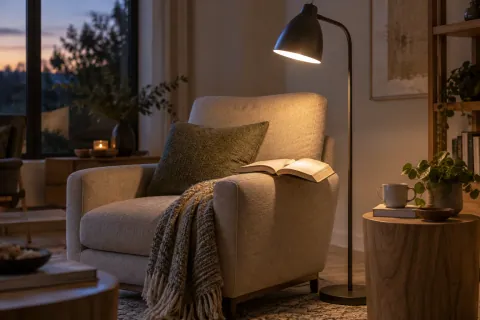 Liseuse orientée vers un livre ouvert près d’un fauteuil, sans ampoule directement visible depuis l’assise