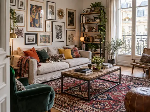 Salon avec plusieurs cadres, coussins colorés, tapis marqué et étagère qui attirent simultanément le regard