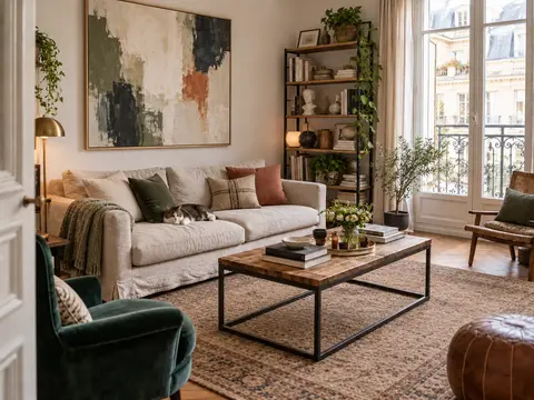 Même salon avec une grande œuvre au-dessus du canapé et un tapis et des coussins plus discrets