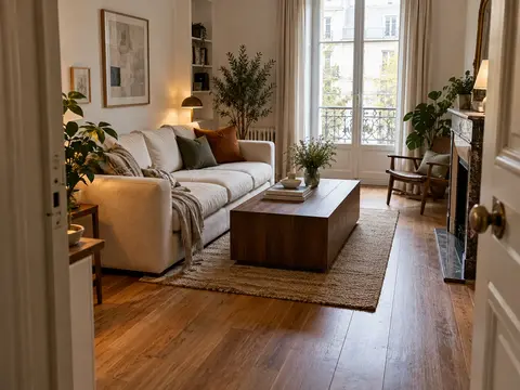 Salon vu de l’entrée : une grande table basse occupe le passage vers la fenêtre