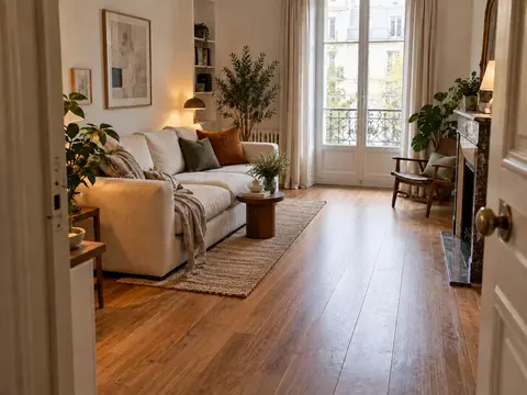 Même salon vu de l’entrée : une petite table près du canapé libère le passage vers la fenêtre
