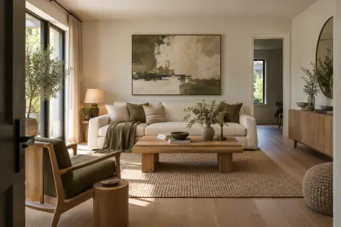 Salon moderne clair avec grande œuvre abstraite au-dessus du canapé, objets bas discrets et circulation ouverte