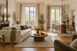 Salon et salle à manger ouverts, reliés par un parquet en bois et une palette claire