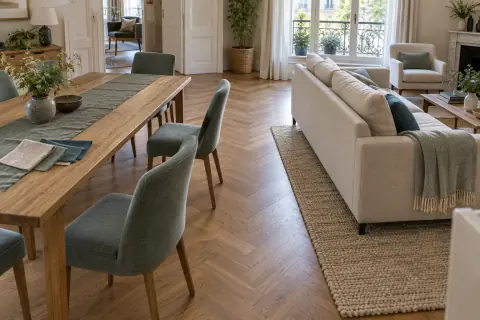 Table et canapé disposés autour d'un passage libre dans une pièce de vie