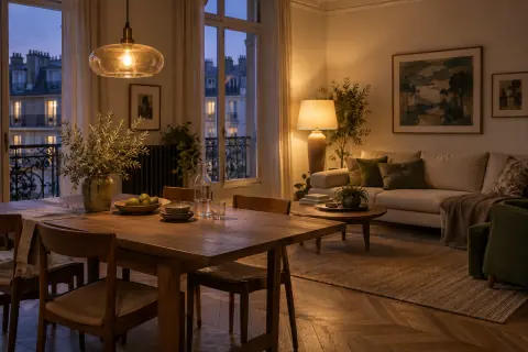 Salon salle à manger au crépuscule avec suspension de table et lampe près du canapé
