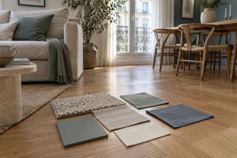 Échantillons de tissus, tapis et peintures posés dans un salon salle à manger