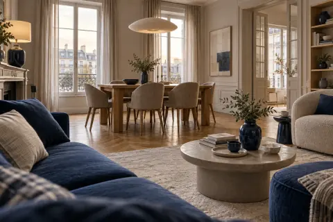 Salon et salle à manger grèges avec canapé bleu profond, table en bois et céramique claire