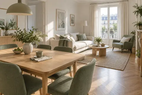 Salon et salle à manger clairs avec table de chêne, assise ivoire et chaises vert sauge