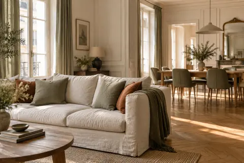 Canapé écru, tapis texturé, table en bois et rappels vert grisé