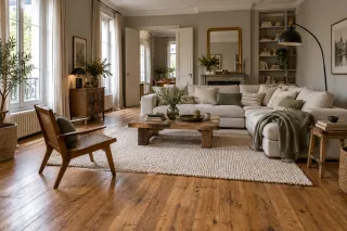 Salon lumineux au parquet en chêne miel, canapé clair et matières naturelles