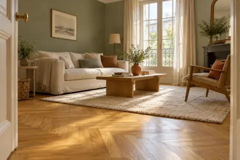 Salon au parquet en chêne doré, murs greige et textiles terre cuite