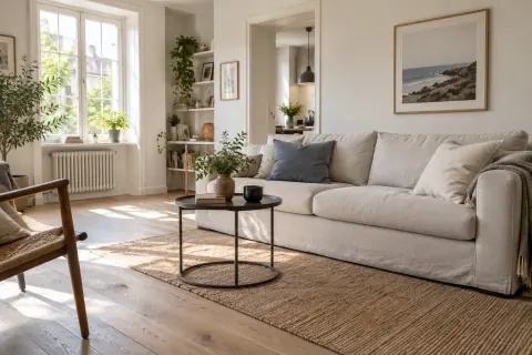 Salon au parquet en chêne clair avec canapé écru et accents bleu grisé