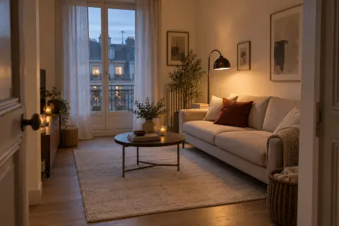 Petit salon peu lumineux avec parquet en chêne chaud, murs blanc cassé et canapé lin