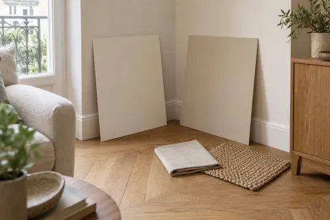 Deux grands panneaux de couleur posés contre des murs du salon, près du parquet en chêne, avec échantillons de tissu et de tapis au sol
