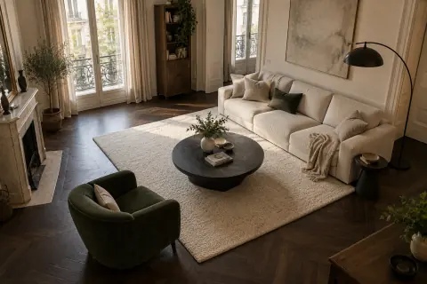 Salon au parquet en chêne fumé avec murs blanc chaud et fauteuil en lin