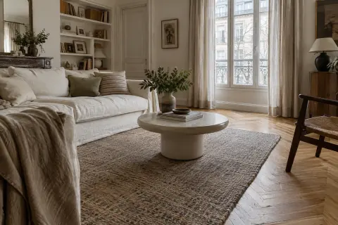 Tapis texturé, rideaux en lin et canapé clair au-dessus d'un parquet en chêne