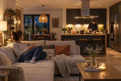 Vue du salon vers la cuisine pendant la préparation d’un repas, avec une hotte au-dessus de la zone de cuisson