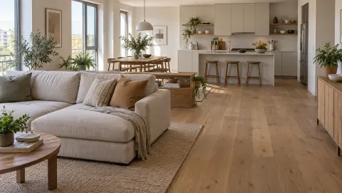 Salon ouvert sur la cuisine avec passage dégagé sur le côté du canapé et console basse de séparation