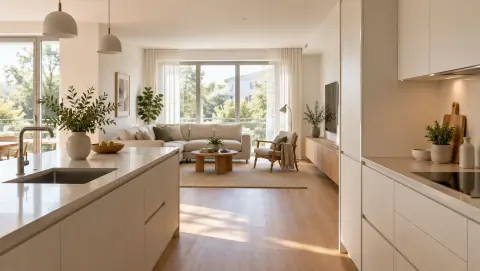 Vue depuis la cuisine vers le salon, avec façades de rangement fermées et perspective dégagée