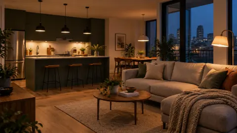 Cuisine et salon éclairés le soir par des suspensions au-dessus du plan de travail et une lampe près du canapé
