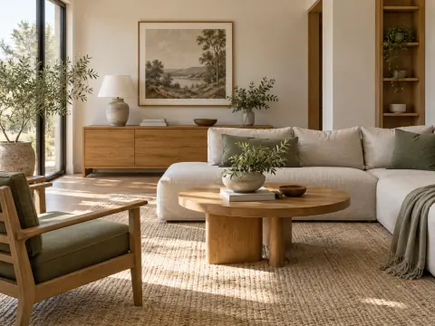 Salon clair avec mur écru, meuble en bois miel et coussins vert grisé