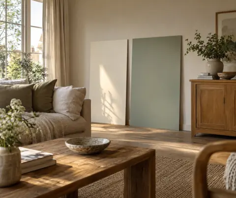 Deux grands échantillons de couleur écru et vert grisé posés dans un salon avec canapé en lin et meuble en bois