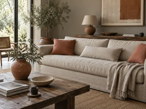 Salon aux murs gris galet chauds, canapé en lin naturel et coussins terre cuite