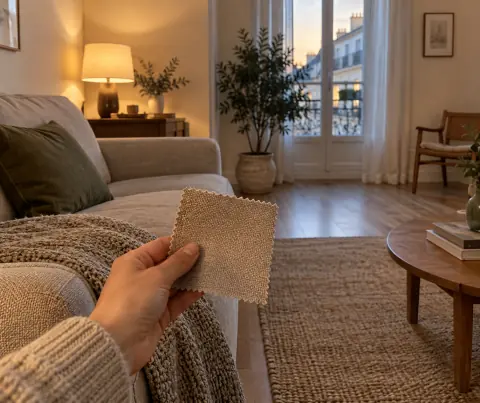 Échantillon de textile tenu près du canapé dans un salon éclairé par une lampe en fin de journée