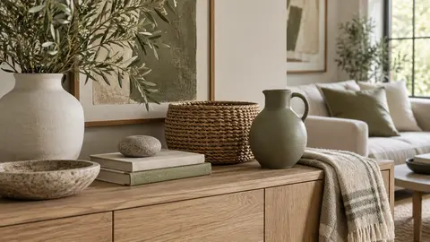 Échantillons de bois, lin, laine et céramique réunis sur un meuble bas de salon