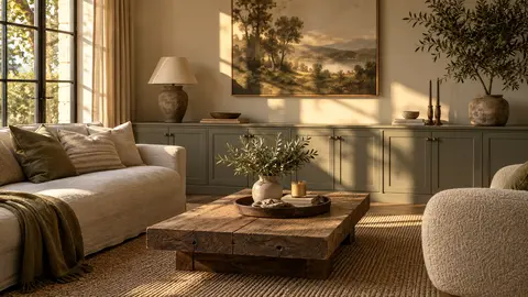 Salon naturel avec rangement fermé, plante près de la lumière et accessoires faciles à déplacer
