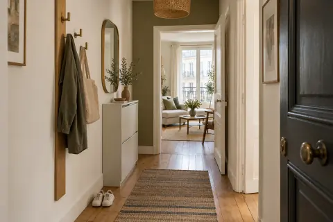 Entrée couloir avec meuble à chaussures fin, patères et passage dégagé