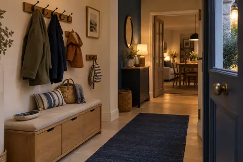Entrée familiale avec banc de rangement, patères à deux hauteurs et lumière chaude
